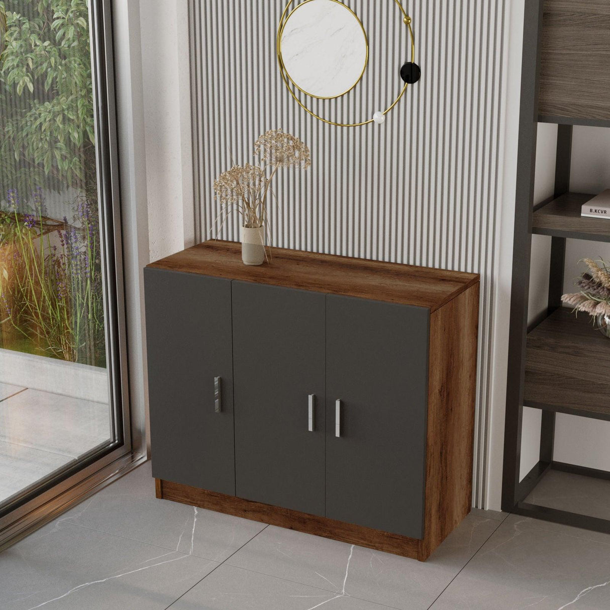 Set de mobilier de birou Torrens, Alb - Nuc - Stejar, 4 Piese, Birou - Biblioteca - Rollbox - Masuta, 140x60x74 cm - Nuc