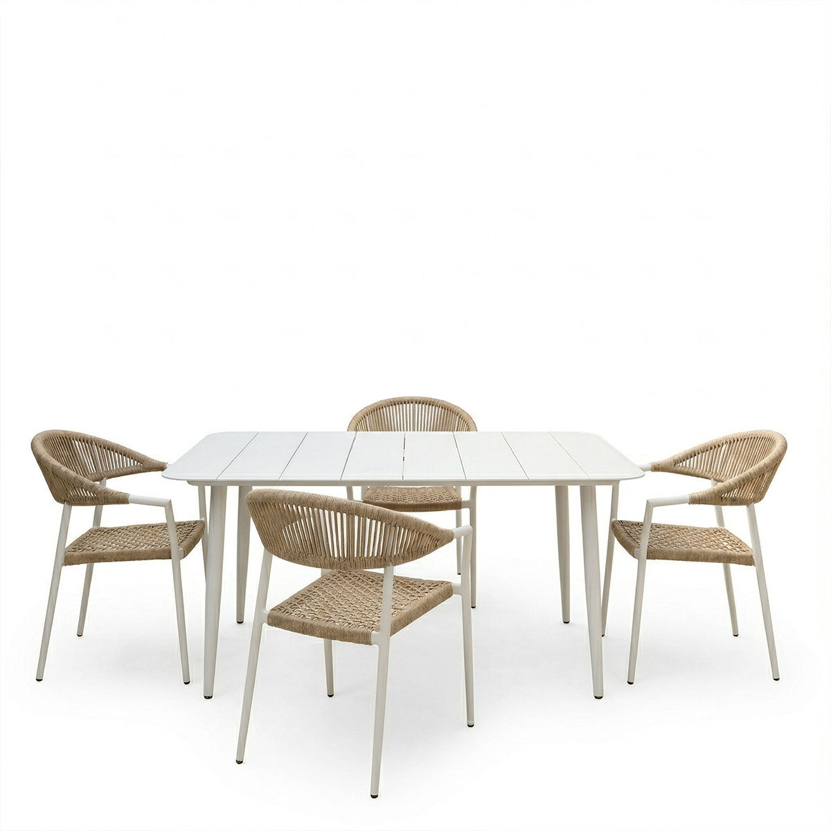 Set de sufragerie exterior Ammos Vista, 5 piese, Alb-Natural, aluminiu si ratan PE, 150x80x72 cm
