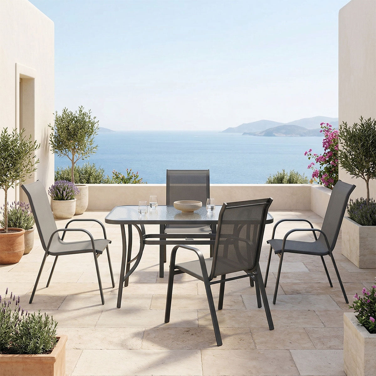 Set de sufragerie exterior Ensure Calan, 5 piese, metal si sticla, Antracit, 120x70x70 cm