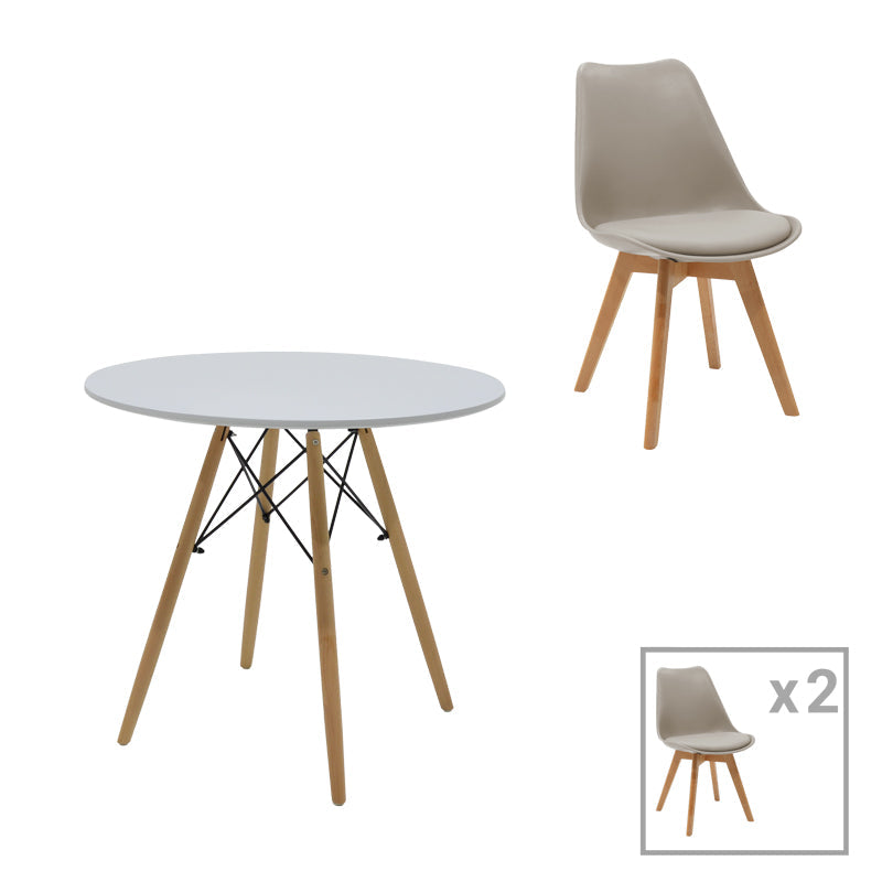 Set de sufragerie Julita-Gaston, 3 piese, Gri-Alb-Natural, 80x80x73 cm