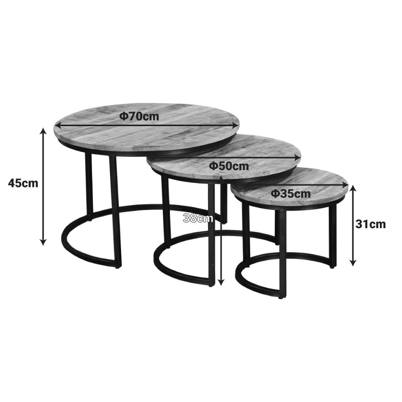 Set Masute de Cafea cu 3 Piese, Lemn de Mango și Picioare de metal, Nuanta Nuc, Diverse, 70x70x45 cm