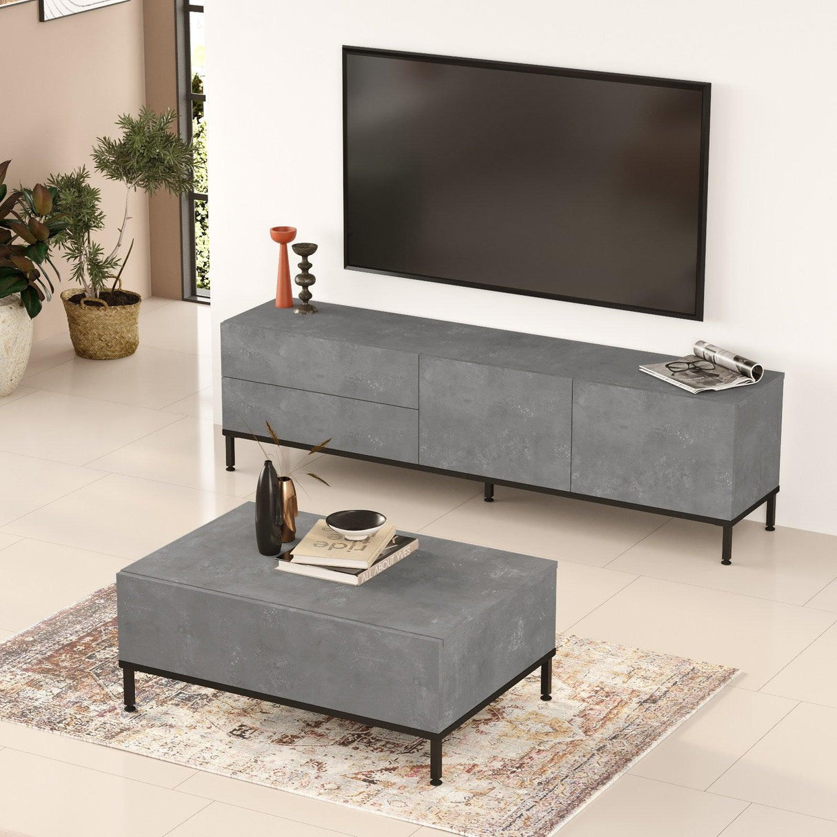 Set Mobila Sufragerie Oslo, Gri, 2 piese, Comoda Tv - Masuta de Cafea, 170.3x35.5x46.35 cm