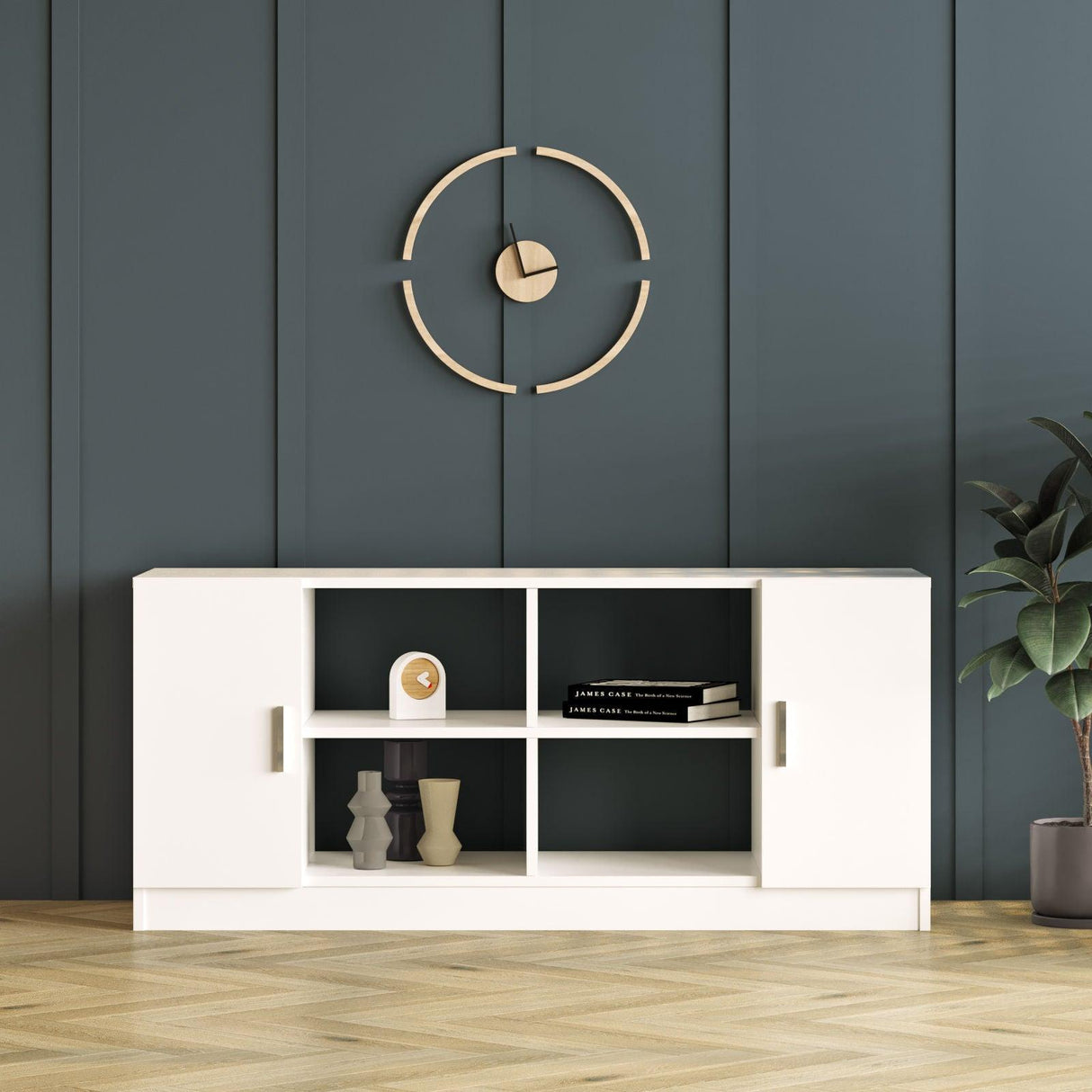 Set mobilier de birou Linta XL, 5 piese, Birou - Biblioteca - Consola - Masa - Rollbox, 140x60x74 cm - Alb