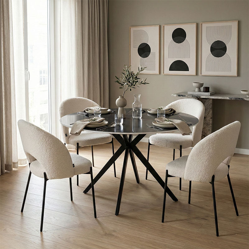 Set mobilier de sufragerie cu Scaune albe Masebo și Masă neagră Orbital, Metal/Plastic, 120x76 cm