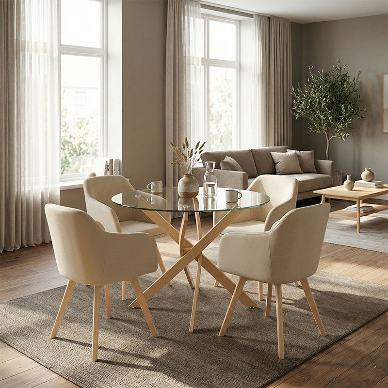 Set mobilier de sufragerie cu Scaune Brațe Safira Beige și Masă Sticlă Antoro, Sticlă/Metal, Masă:, Set 5 Piese, 100x75 cm