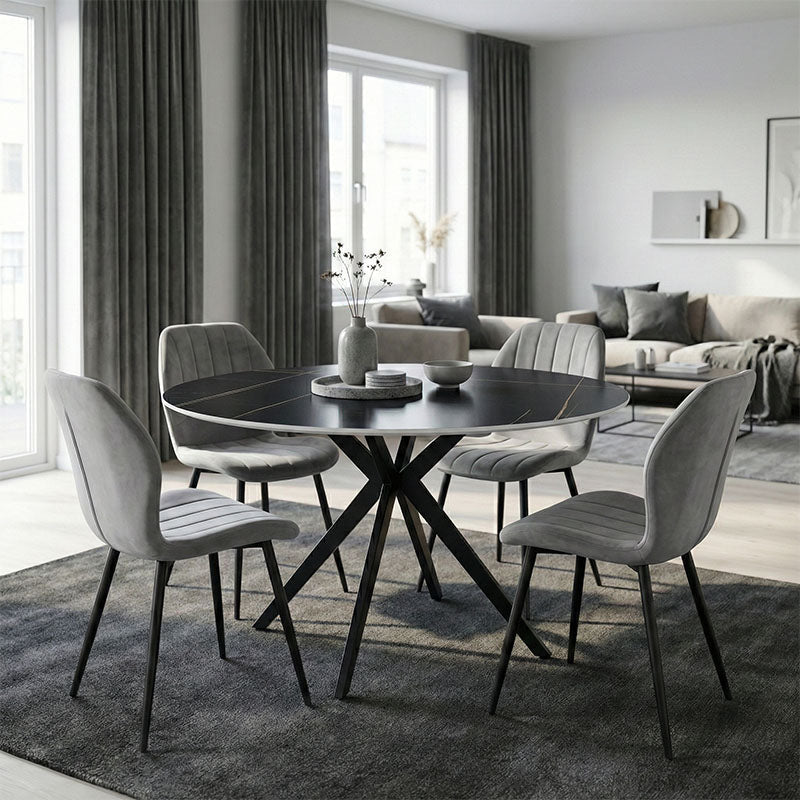Set mobilier de sufragerie cu Scaune Gri Jelour și Masă Rotundă Neagră Orbital, Metal și Lemn, D120x H76, Set 5 Piese, 120x120x76 cm