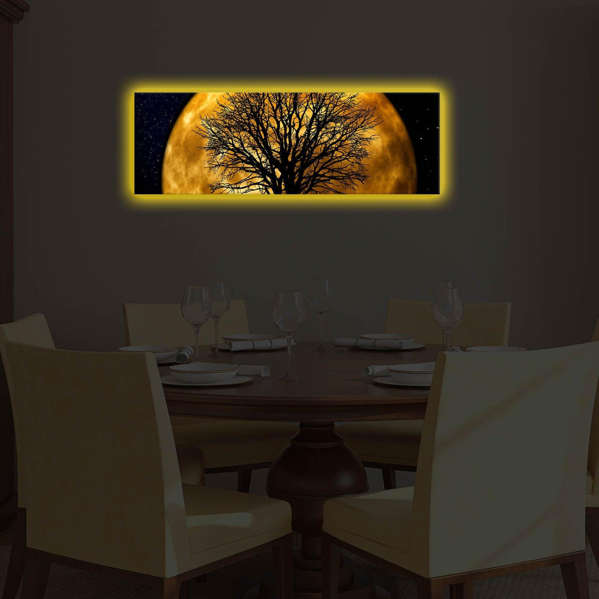 Tablou Canvas cu Led Luna Galbena fara Priza, Galben, 90x30 cm