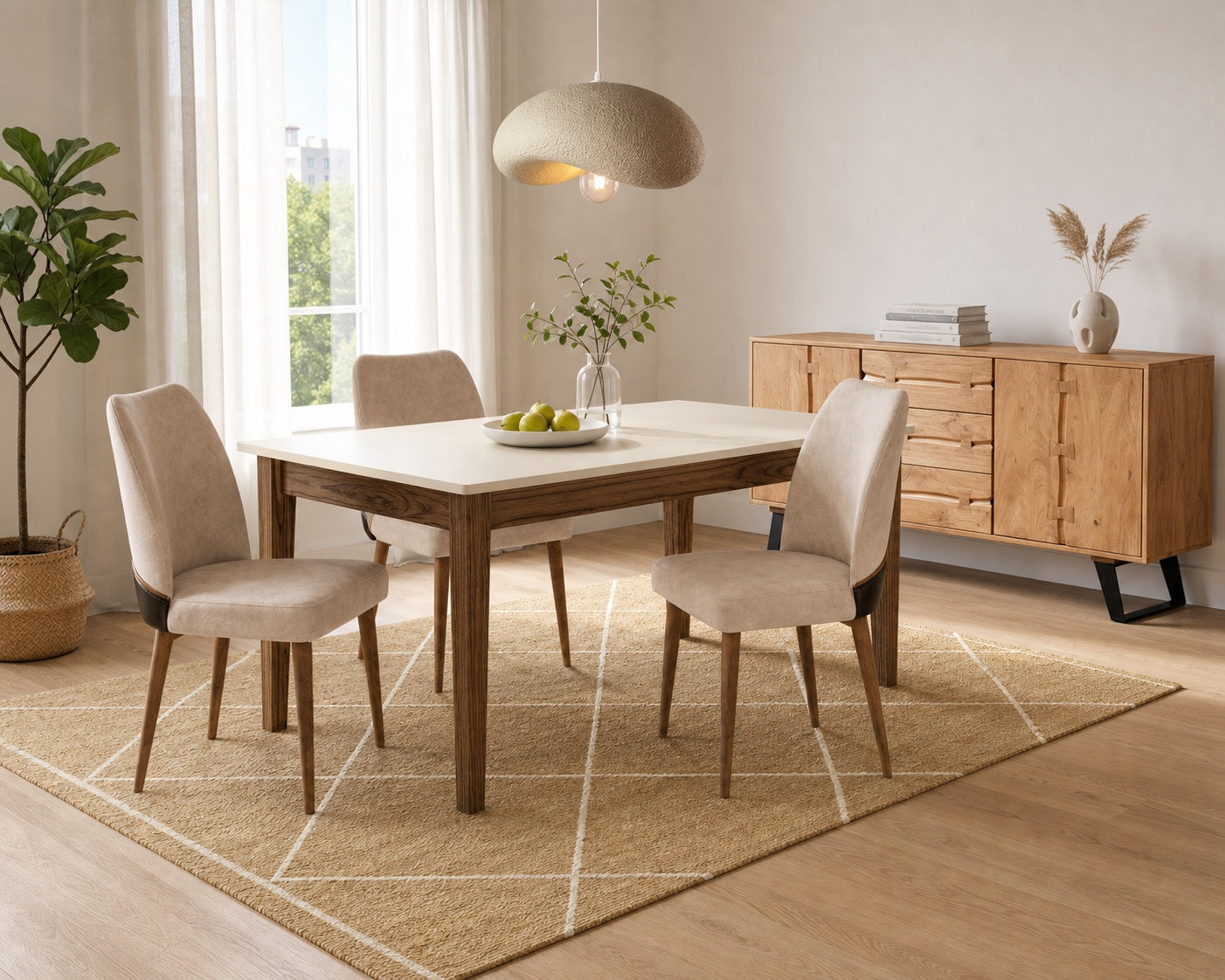 Dining modern amenajat cu masă, scaune, bufet, covor și corp de iluminat CasaMob