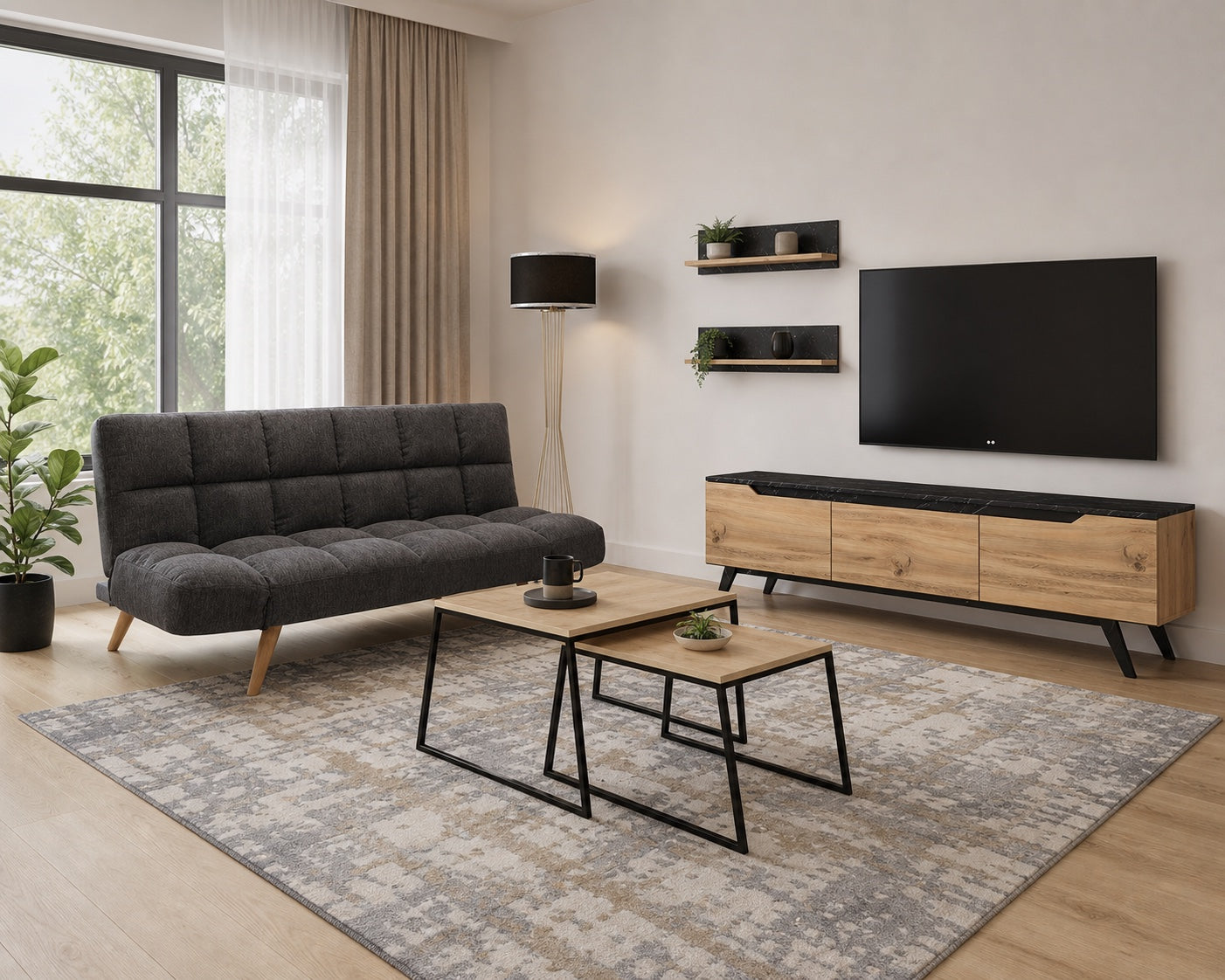 Living modern cu canapea, comodă TV, măsuță, covor și lampadar CasaMob