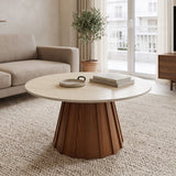Măsuță de cafea Franzel, Piatră sinterizată și MDF, Diverse culori, Ø80x40 cm - Travertin-Nuc | SKU: 029-000442 | Măsuță de cafea Franzel, Piatră sinterizată și MDF, Ø80x40 cm, varianta Travertin-Nuc, produs pentru amenajarea locuinței, disponibil online în România la CasaMob