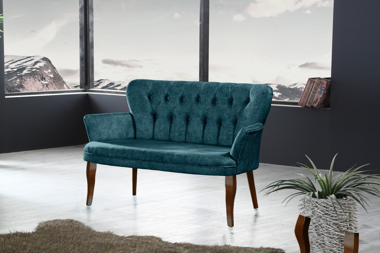 Canapea fixă 2 locuri Paris lemn nuc, Diverse culori, 130x46x82 cm - Albastru petrol | SKU: 118BRN1212 | Canapea fixă 2 locuri Paris lemn nuc, 130x46x82 cm, varianta Albastru petrol, produs pentru amenajarea locuinței, disponibil online în România la CasaMob
