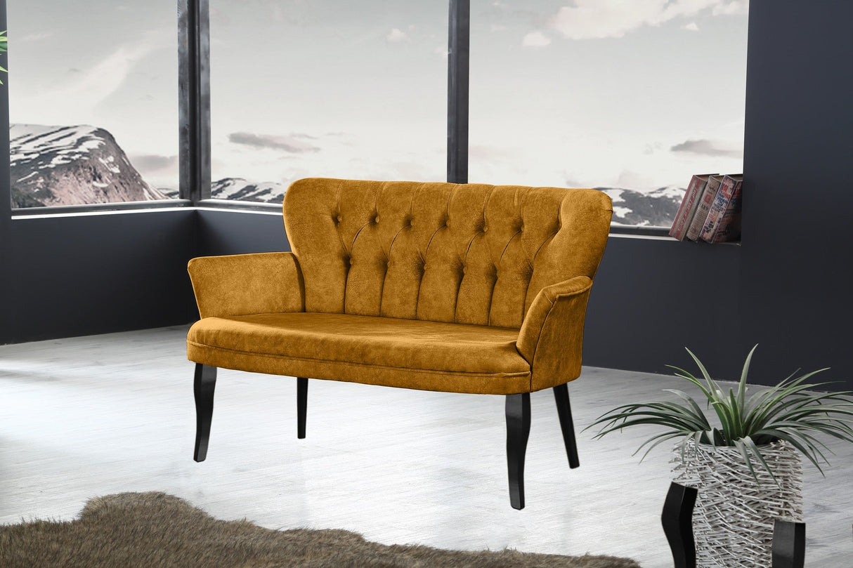 Canapea fixă 2 locuri Paris lemn negru, Diverse culori, 130x46x82 cm - Muștar | SKU: 118BRN1221 | Canapea fixă 2 locuri Paris lemn negru, 130x46x82 cm, varianta Muștar, produs pentru amenajarea locuinței, disponibil online în România la CasaMob