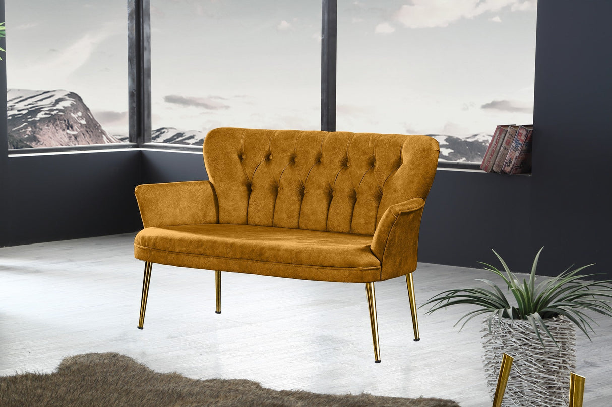 Canapea fixă 2 locuri Paris metal auriu, Diverse culori, 130x46x82 cm - Muștar | SKU: 118BRN1233 | Canapea fixă 2 locuri Paris metal auriu, 130x46x82 cm, varianta Muștar, produs pentru amenajarea locuinței, disponibil online în România la CasaMob