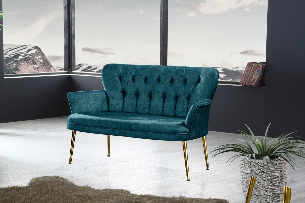 Canapea fixă 2 locuri Paris metal auriu, Diverse culori, 130x46x82 cm - Albastru petrol | SKU: 118BRN1236 | Canapea fixă 2 locuri Paris metal auriu, 130x46x82 cm, varianta Albastru petrol, produs pentru amenajarea locuinței, disponibil online în România la CasaMob