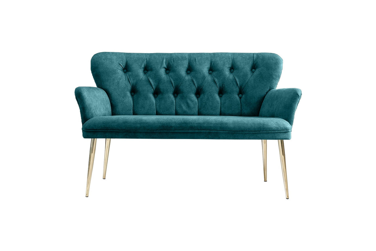 Canapea fixă 2 locuri Paris metal auriu, Diverse culori, 130x46x82 cm - Albastru petrol | SKU: 118BRN1236 | Canapea fixă 2 locuri Paris metal auriu, 130x46x82 cm, varianta Albastru petrol, produs pentru amenajarea locuinței, disponibil online în România la CasaMob