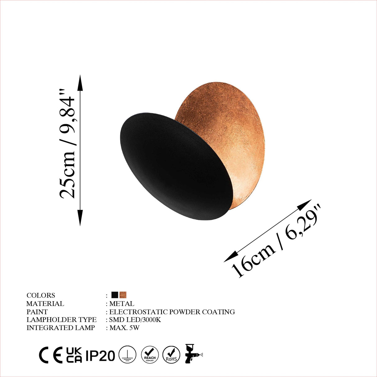 Aplică de perete Yosma-13639, Negru - Copper, Ø25x25 cm