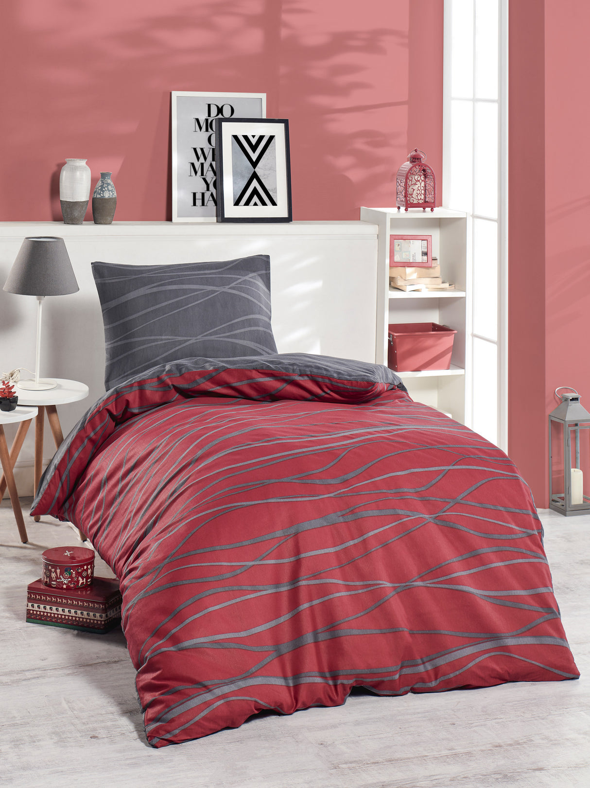 Set lenjerie de pat single Verda, Bordo - Gri, 140x200 cm