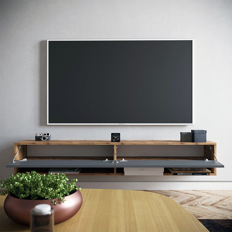 Comoda TV de perete Handra cu raft ,  antracit-stejar 180x32x30cm - Comoda TV de perete Handra cu raft ,  antracit-stejar 180x32x30cm