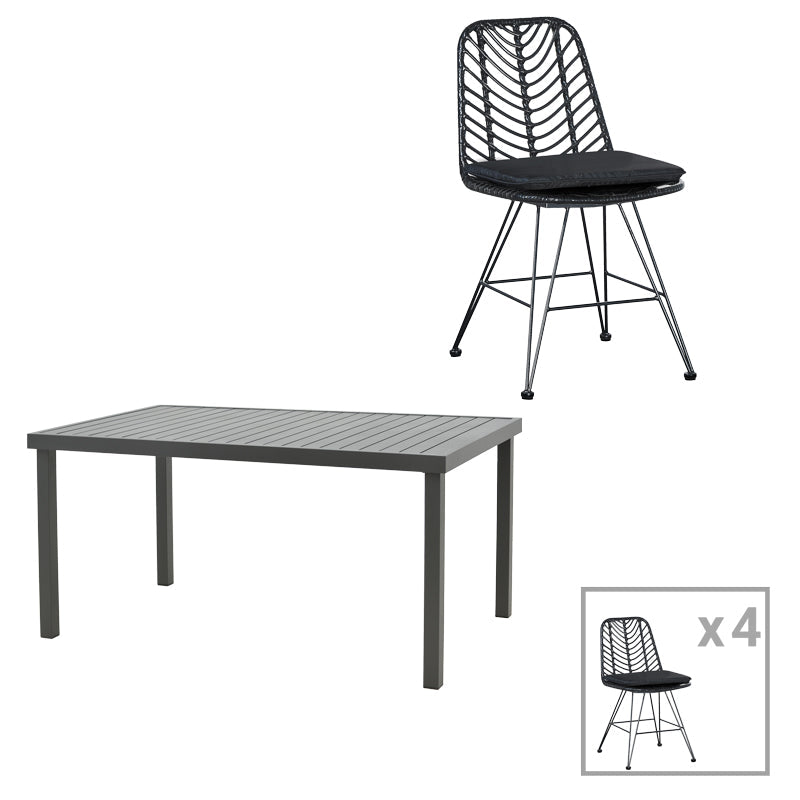 Masă de sufragerie Naoki-Kliton I set de 5 aluminiu antracit si ratan pe negru de negru 150x80x74cm