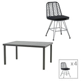 Masă de sufragerie Naoki-Kliton I set de 5 aluminiu antracit si ratan pe negru de negru 150x80x74cm