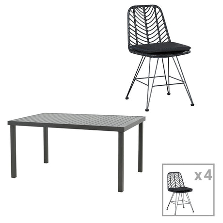 Masă de sufragerie Naoki-Kliton I set de 5 aluminiu antracit si ratan pe negru de negru 150x80x74cm