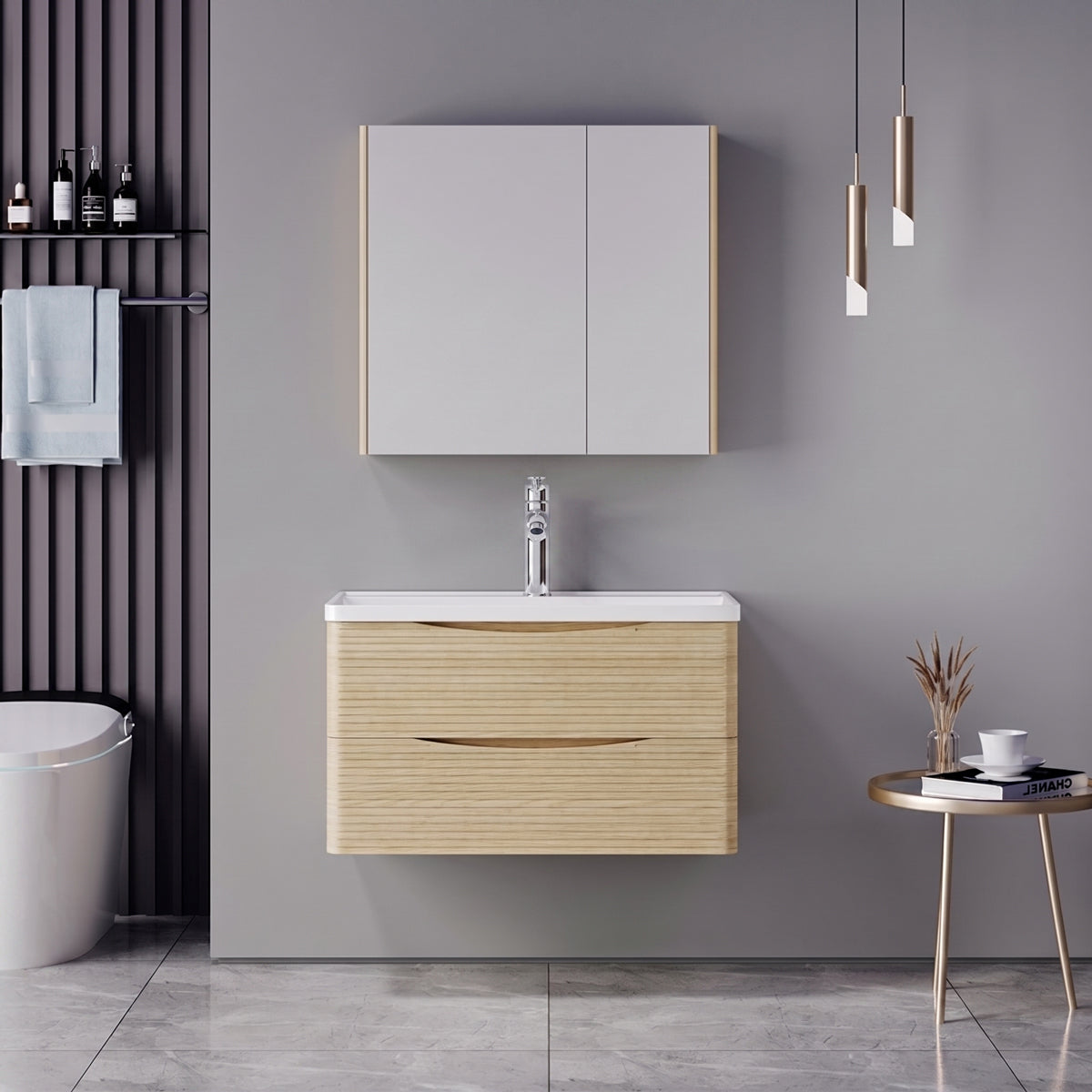 Dulap de baie Tzouena Mentis, Placaj, Diverse culori - Stejar | SKU: 200-002076 | Dulap de baie Tzouena Mentis, Placaj, varianta Stejar, produs pentru amenajarea locuinței, disponibil online în România la CasaMob