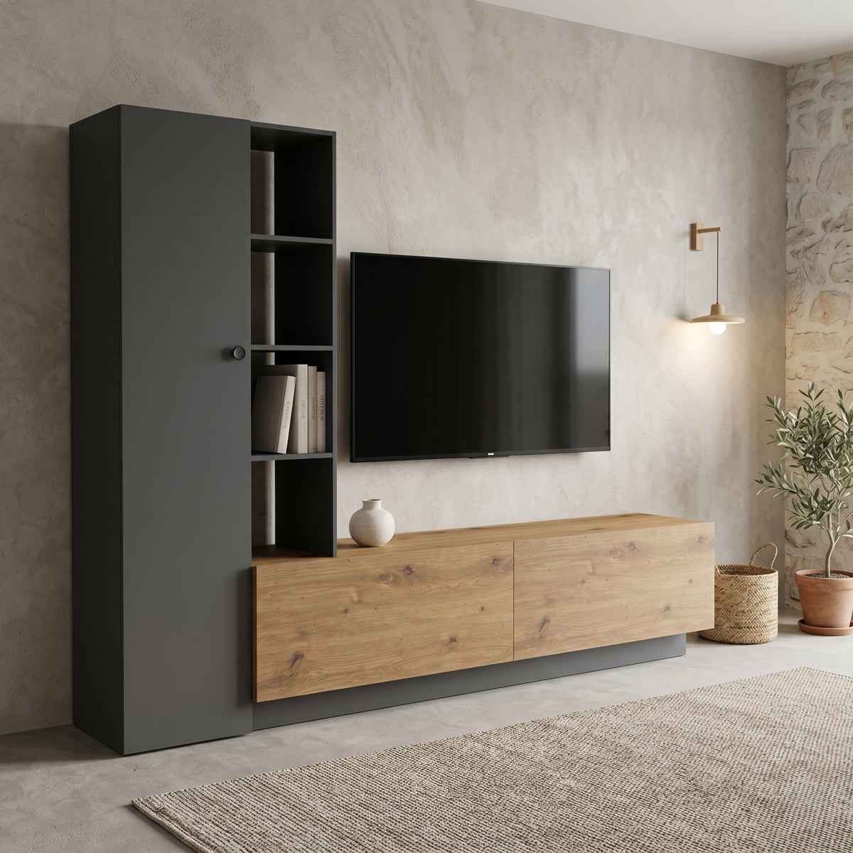 Set mobilă sufragerie Tilveo, Stejar-Antracit, 230x42x180 cm