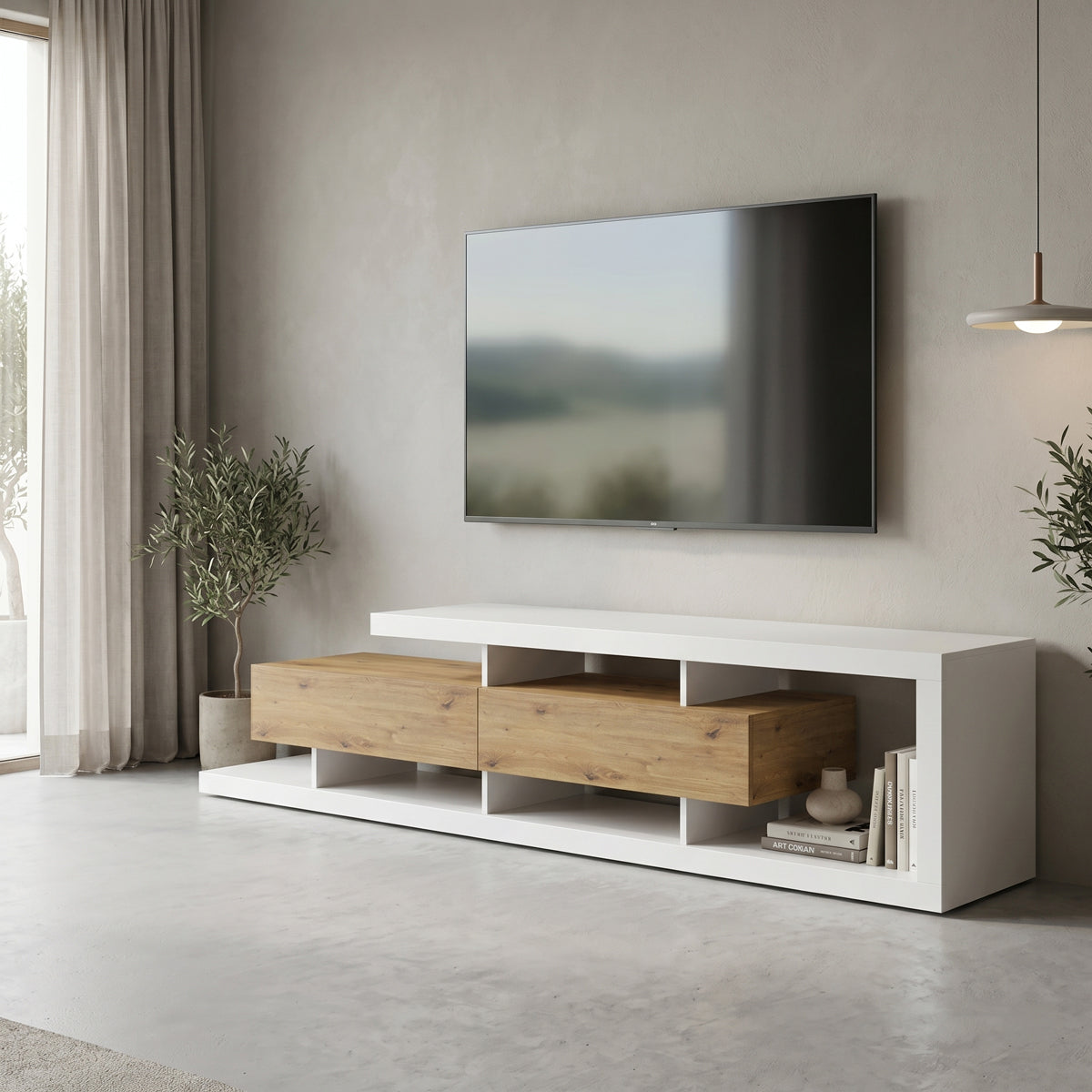 Comodă TV Arbero, Diverse culori, 198x40x45 cm - Alb-Stejar | SKU: 230-000280 | Comodă TV Arbero, 198x40x45 cm, varianta Alb-Stejar, produs pentru amenajarea locuinței, disponibil online în România la CasaMob