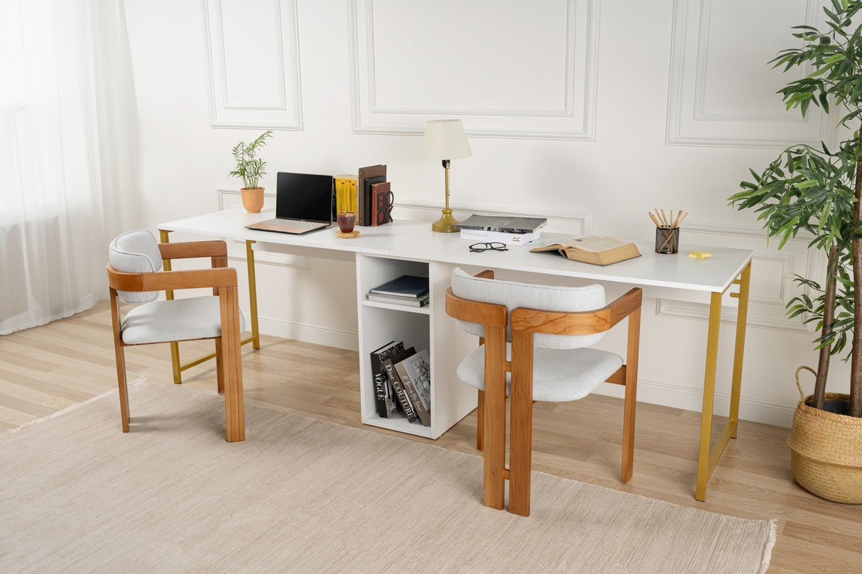Birou Twin, Diverse culori, 240x60x74 cm - Alb - Auriu | SKU: 241NRD1105 | Birou Twin, 240x60x74 cm, varianta Alb - Auriu, produs pentru amenajarea locuinței, disponibil online în România la CasaMob