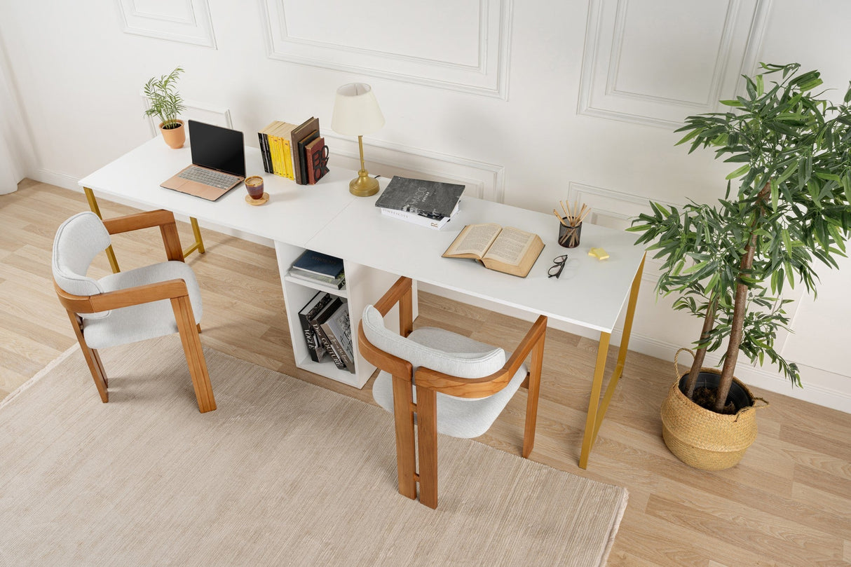 Birou Twin, Diverse culori, 240x60x74 cm - Alb - Auriu | SKU: 241NRD1105 | Birou Twin, 240x60x74 cm, varianta Alb - Auriu, produs pentru amenajarea locuinței, disponibil online în România la CasaMob