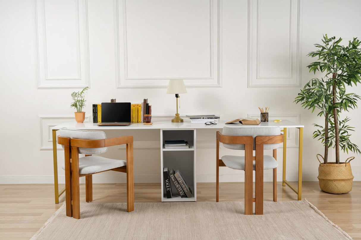 Birou Twin, Diverse culori, 240x60x74 cm - Alb - Auriu | SKU: 241NRD1105 | Birou Twin, 240x60x74 cm, varianta Alb - Auriu, produs pentru amenajarea locuinței, disponibil online în România la CasaMob