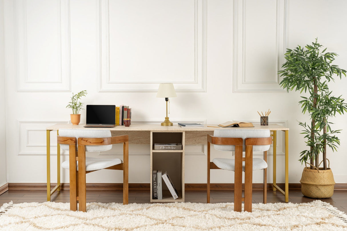 Birou Twin, Diverse culori, 240x60x74 cm - Travertin - Auriu | SKU: 241NRD1107 | Birou Twin, 240x60x74 cm, varianta Travertin - Auriu, produs pentru amenajarea locuinței, disponibil online în România la CasaMob