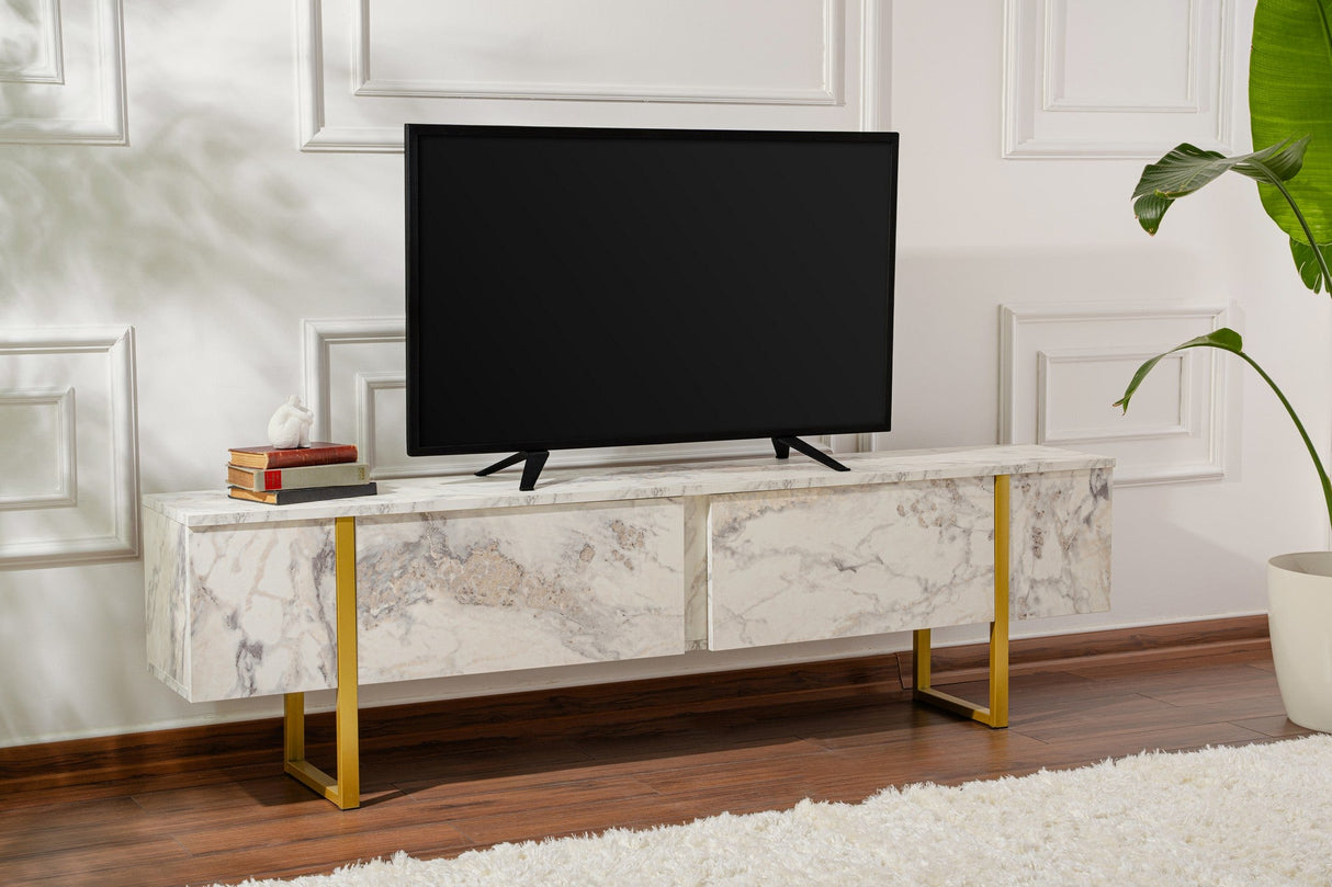 Comodă TV Serenity - Fressia, Diverse culori, 180x30x50 cm - Freesia marble - Auriu | SKU: 241NRD1307 | Comodă TV Serenity - Fressia, 180x30x50 cm, varianta Freesia marble - Auriu, produs pentru amenajarea locuinței, disponibil online în România la CasaMob