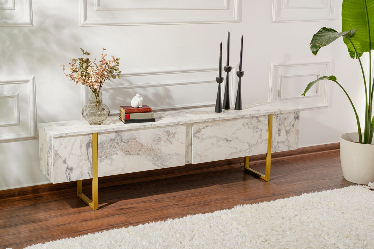 Comodă TV Serenity - Fressia, Diverse culori, 180x30x50 cm - Freesia marble - Auriu | SKU: 241NRD1307 | Comodă TV Serenity - Fressia, 180x30x50 cm, varianta Freesia marble - Auriu, produs pentru amenajarea locuinței, disponibil online în România la CasaMob