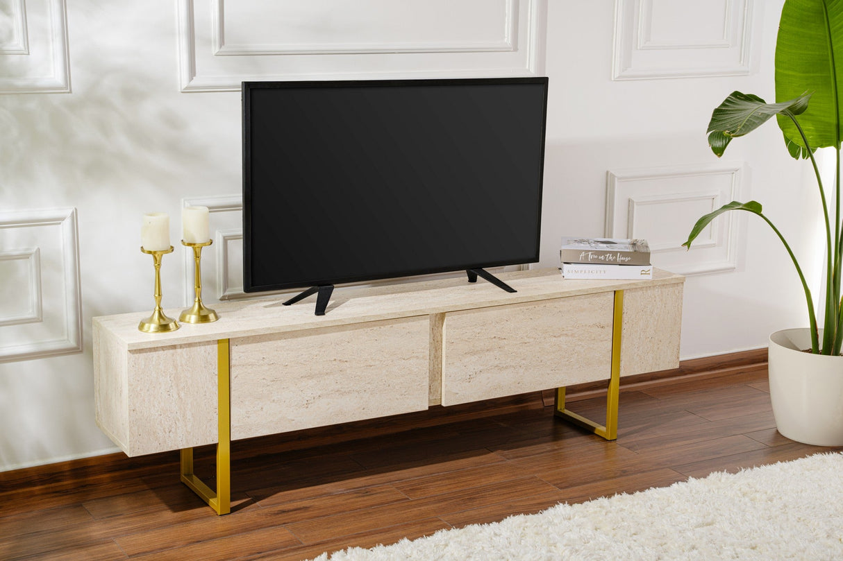 Comodă TV Serenity, Diverse culori, 180x30x50 cm - Travertin - Auriu | SKU: 241NRD1308 | Comodă TV Serenity, 180x30x50 cm, varianta Travertin - Auriu, produs pentru amenajarea locuinței, disponibil online în România la CasaMob