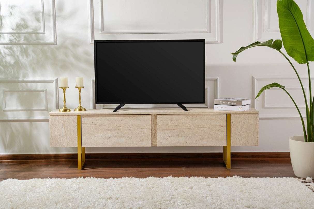 Comodă TV Serenity, Diverse culori, 180x30x50 cm - Travertin - Auriu | SKU: 241NRD1308 | Comodă TV Serenity, 180x30x50 cm, varianta Travertin - Auriu, produs pentru amenajarea locuinței, disponibil online în România la CasaMob