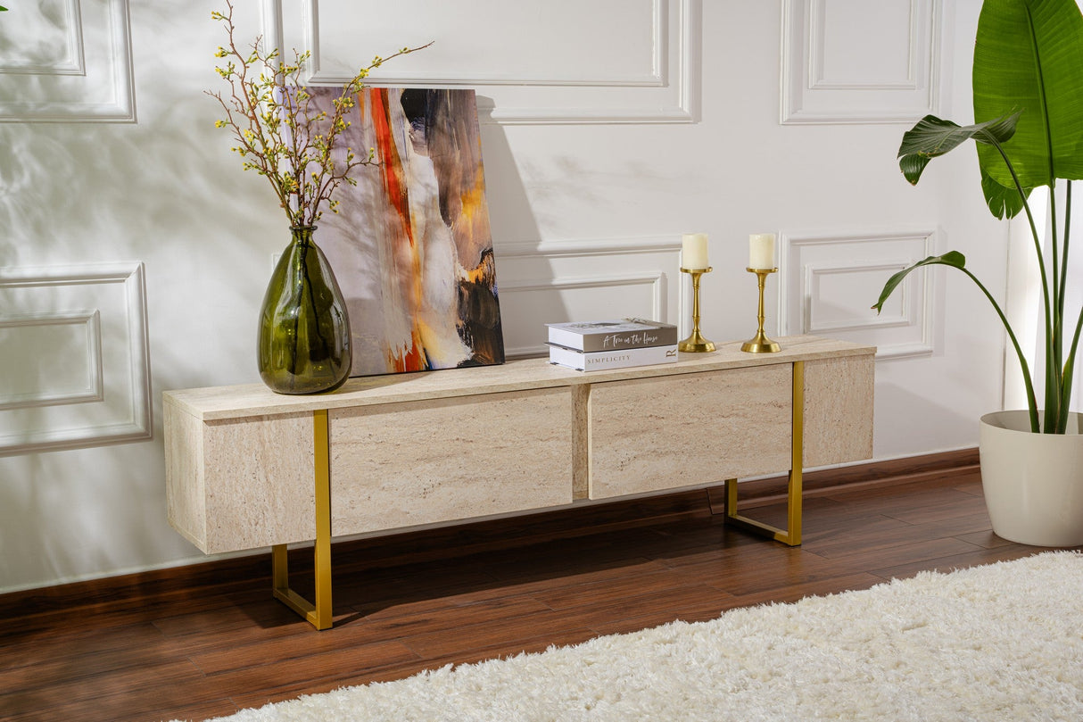 Comodă TV Serenity, Diverse culori, 180x30x50 cm - Travertin - Auriu | SKU: 241NRD1308 | Comodă TV Serenity, 180x30x50 cm, varianta Travertin - Auriu, produs pentru amenajarea locuinței, disponibil online în România la CasaMob
