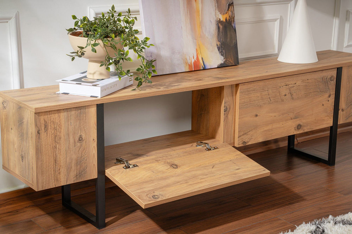 Comodă TV Serenity, Diverse culori, 180x30x50 cm - Pin atlantic - Negru | SKU: 241NRD1311 | Comodă TV Serenity, 180x30x50 cm, varianta Pin atlantic - Negru, produs pentru amenajarea locuinței, disponibil online în România la CasaMob