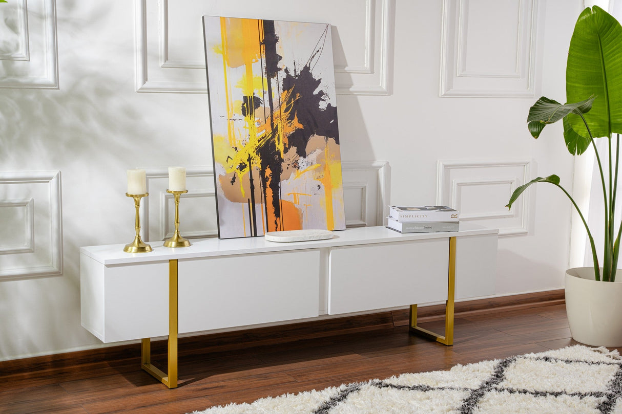 Comodă TV Serenity, Diverse culori, 180x30x50 cm - Alb - Auriu | SKU: 241NRD1312 | Comodă TV Serenity, 180x30x50 cm, varianta Alb - Auriu, produs pentru amenajarea locuinței, disponibil online în România la CasaMob