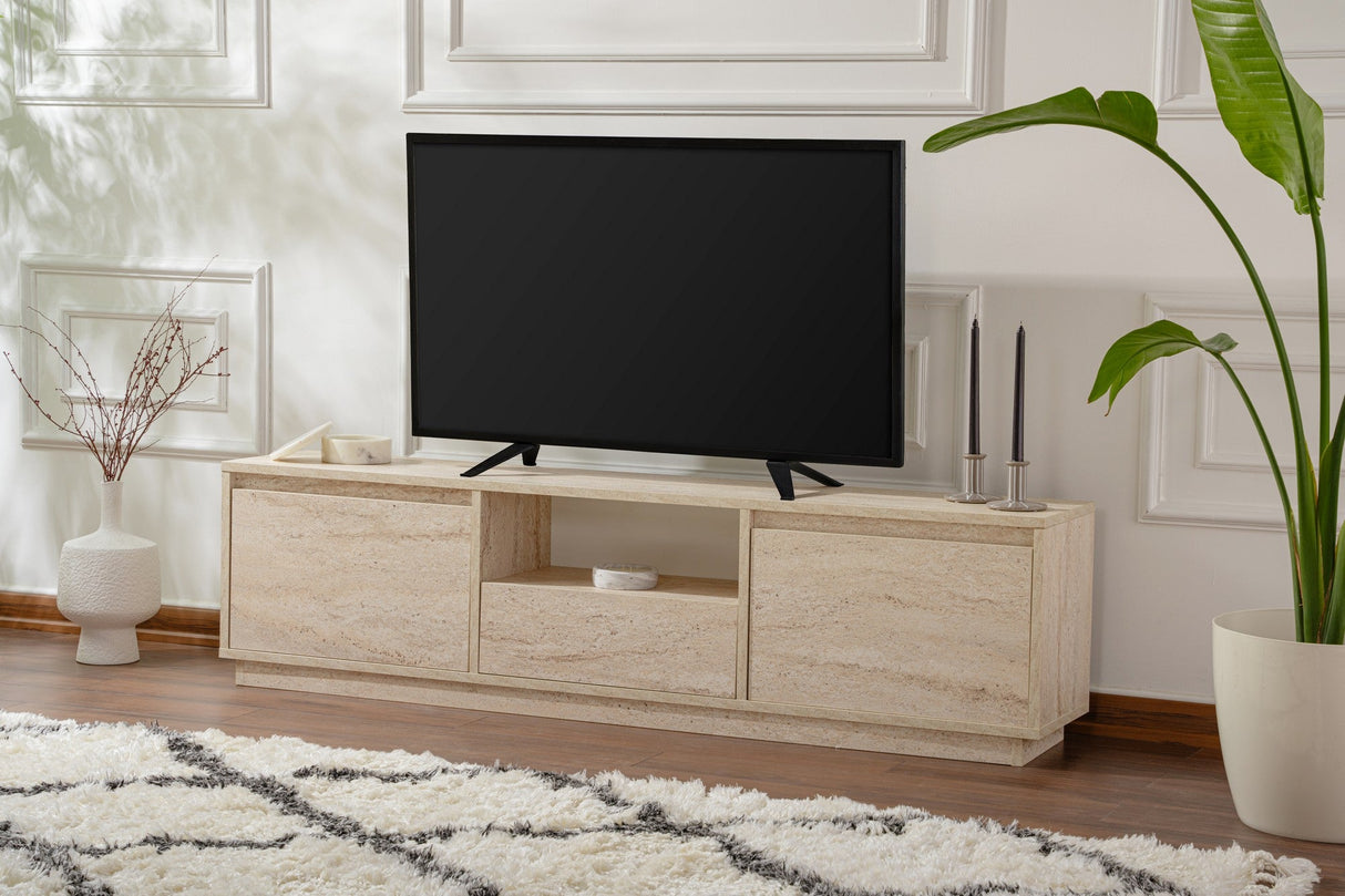 Comodă TV Vanguard, Diverse culori, 160x30x42 cm - Travertin | SKU: 241NRD1315 | Comodă TV Vanguard, 160x30x42 cm, varianta Travertin, produs pentru amenajarea locuinței, disponibil online în România la CasaMob