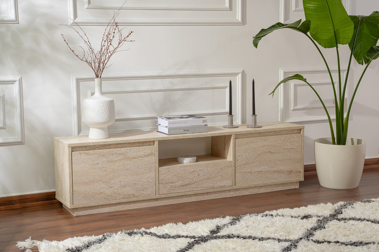 Comodă TV Vanguard, Diverse culori, 160x30x42 cm - Travertin | SKU: 241NRD1315 | Comodă TV Vanguard, 160x30x42 cm, varianta Travertin, produs pentru amenajarea locuinței, disponibil online în România la CasaMob