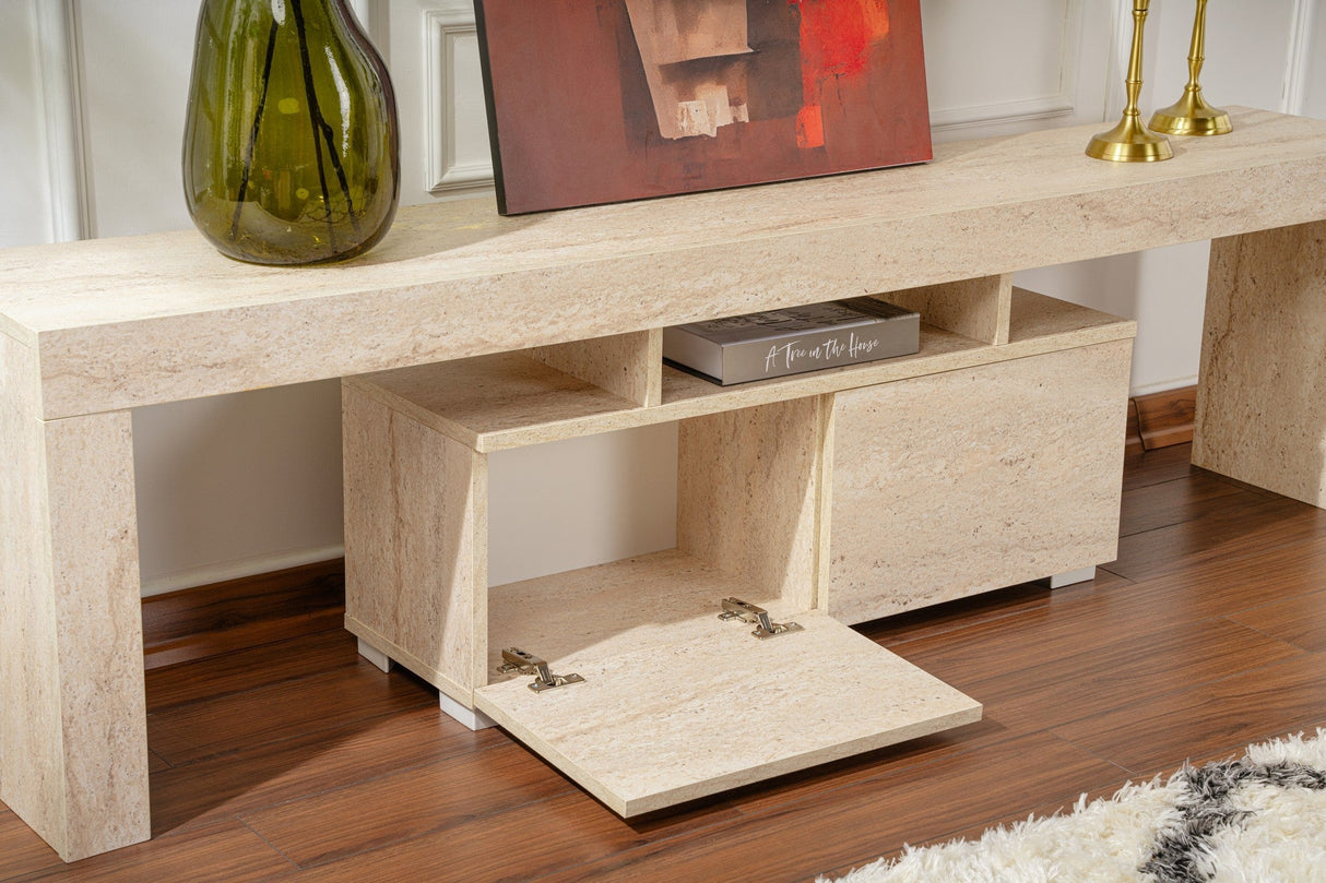 Comodă TV Enclave, Diverse culori, 180x31x50 cm - Travertin | SKU: 241NRD1320 | Comodă TV Enclave, 180x31x50 cm, varianta Travertin, produs pentru amenajarea locuinței, disponibil online în România la CasaMob