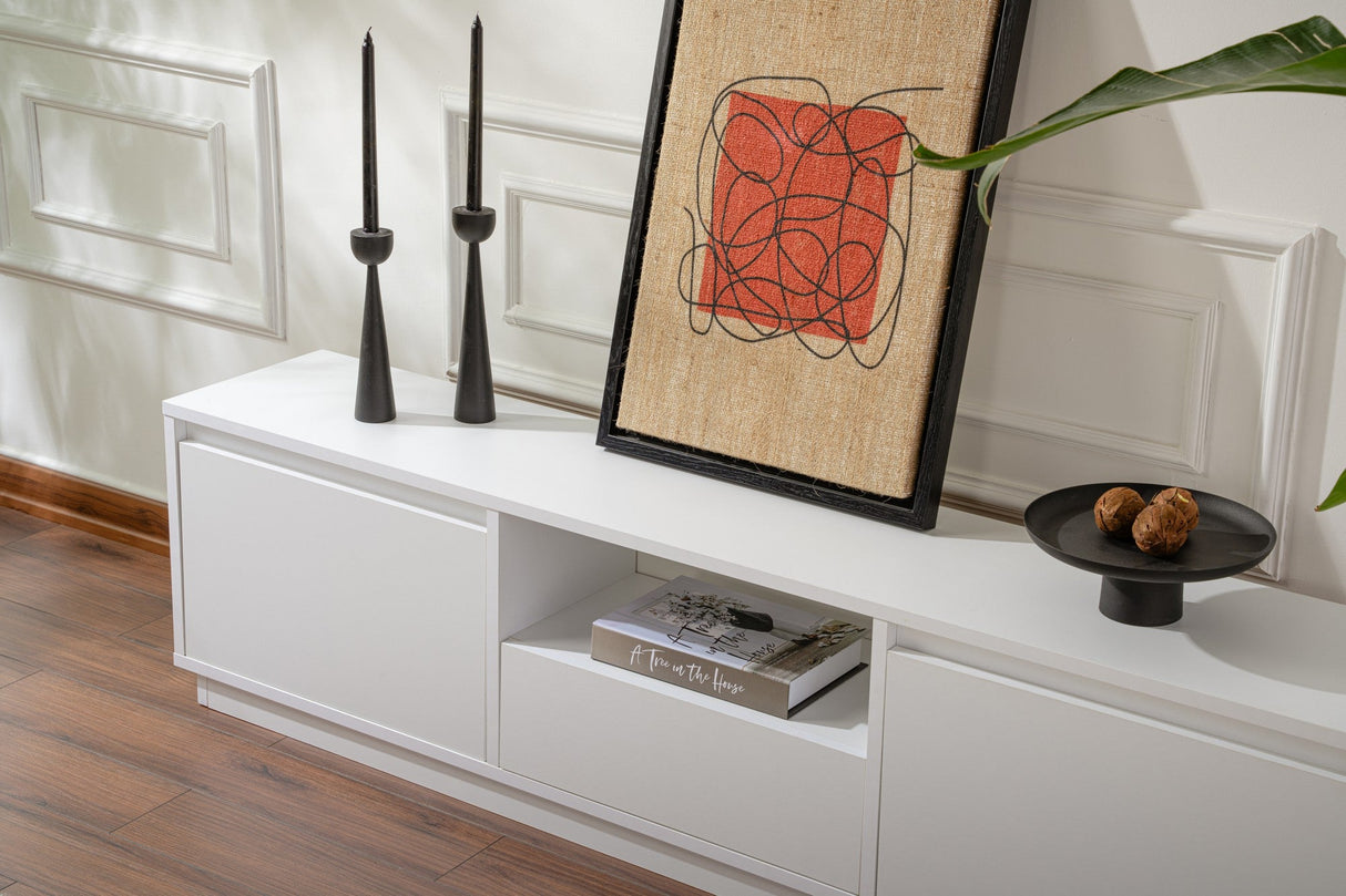 Comodă TV Vanguard, Diverse culori, 160x30x42 cm - Natural white | SKU: 241NRD1325 | Comodă TV Vanguard, 160x30x42 cm, varianta Natural white, produs pentru amenajarea locuinței, disponibil online în România la CasaMob
