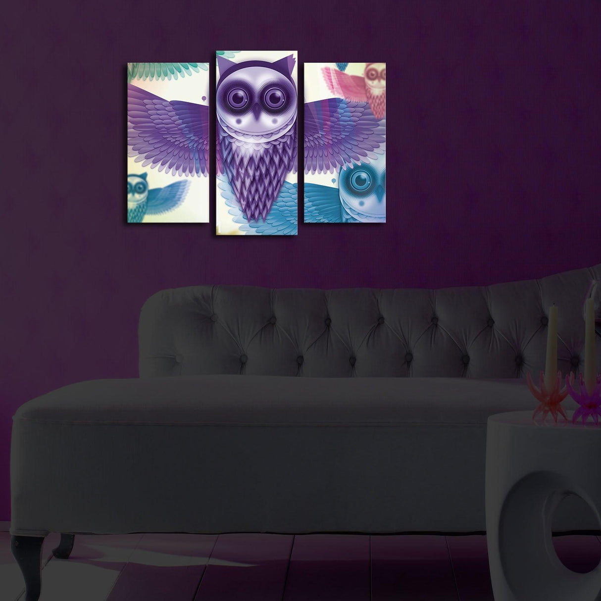 Tablou Canvas cu Led Bufnita Mov, Multicolor, 66 x 45 cm