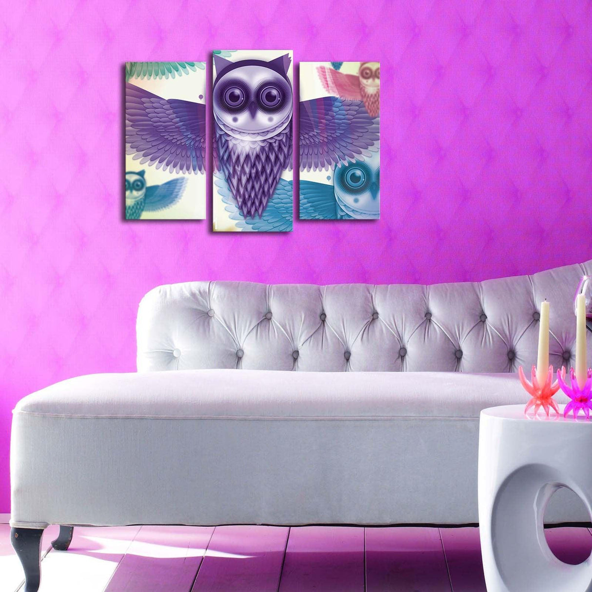 Tablou Canvas cu Led Bufnita Mov, Multicolor, 66 x 45 cm