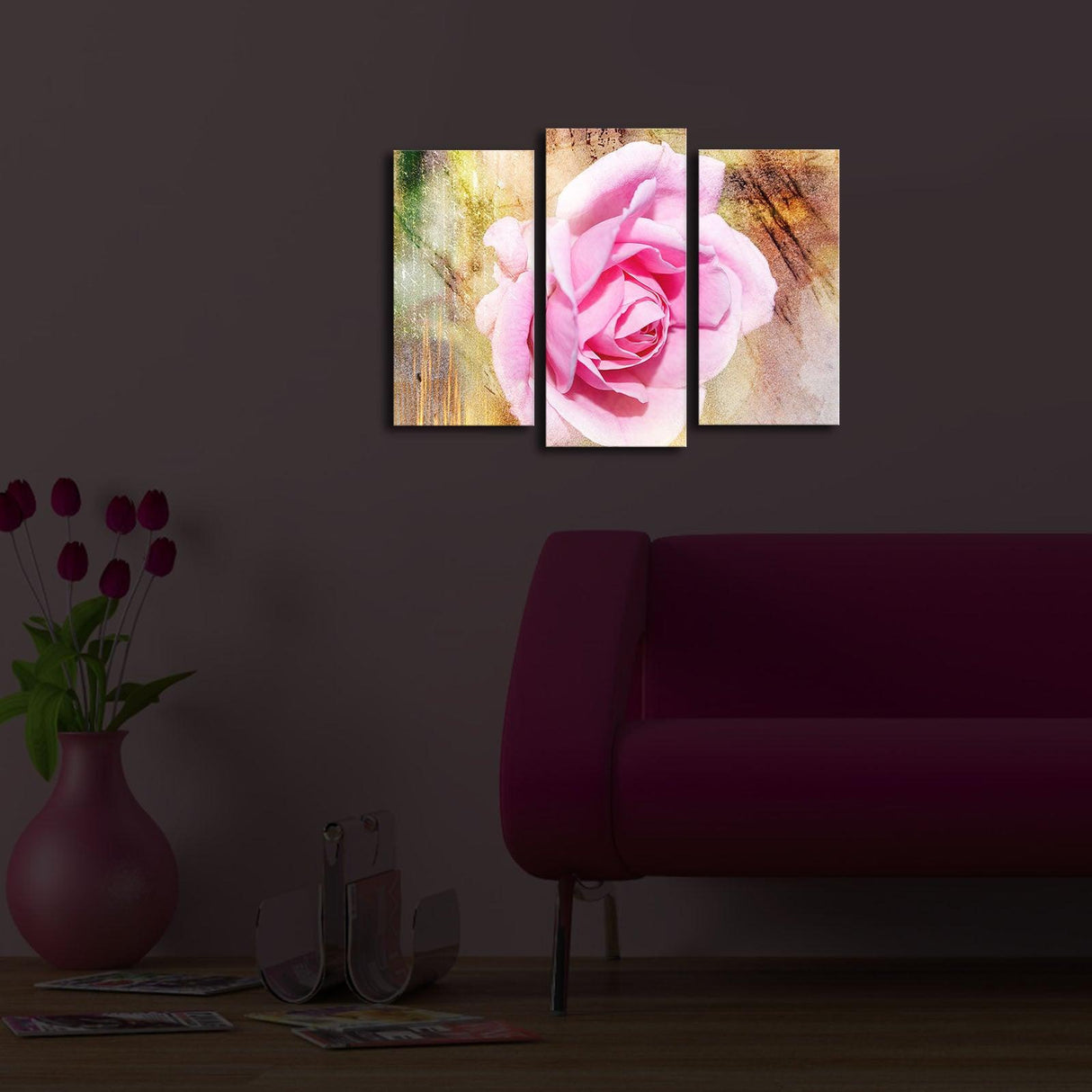 Tablou Canvas cu Led Trandafir Roz, Multicolor, 66 x 45 cm
