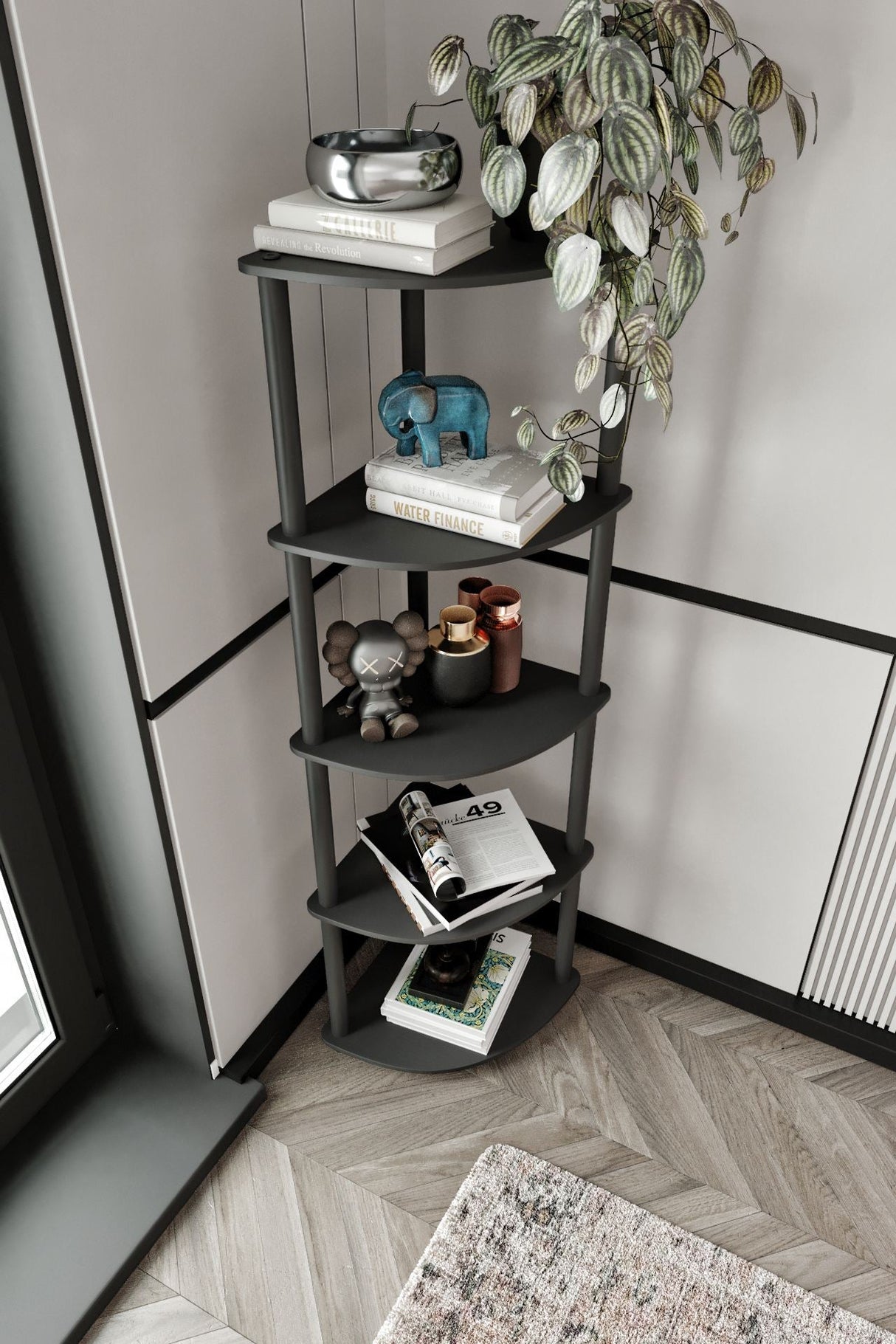 Bibliotecă de colț 5, Diverse culori, 34x34x139 cm - Negru | SKU: 282PTR1105 | Bibliotecă de colț 5, 34x34x139 cm, varianta Negru, produs pentru amenajarea locuinței, disponibil online în România la CasaMob