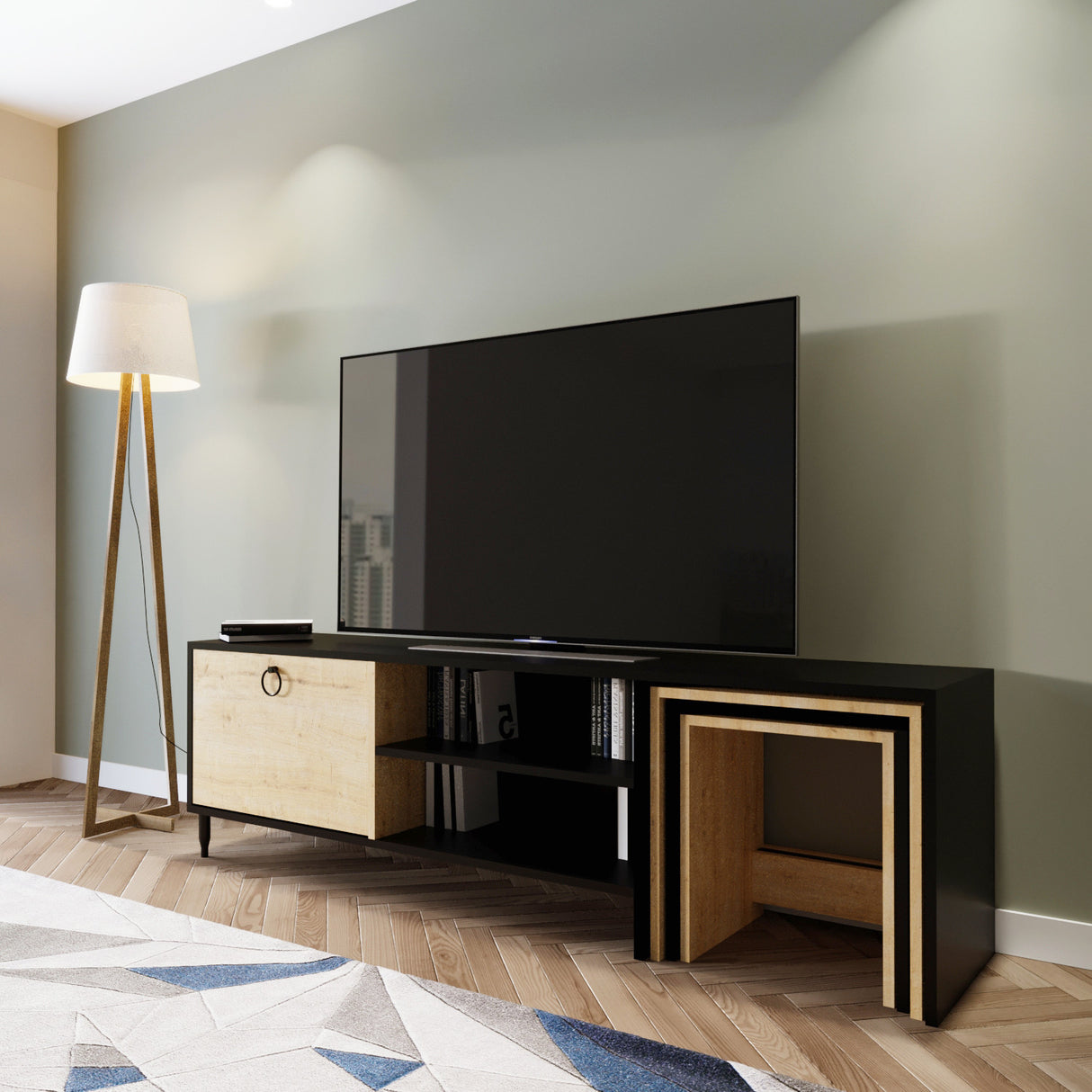 Comodă TV Zigon - L501, Negru - Stejar, 180x40x55 cm