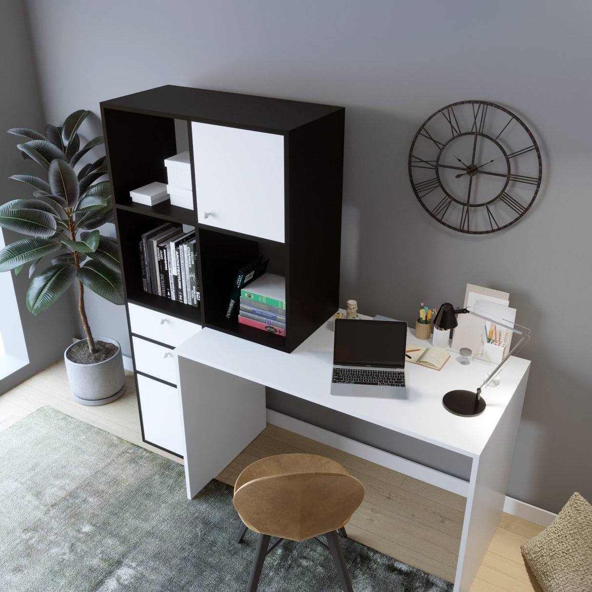 Birou Cannes - L255, Alb - Negru, 164x55x160 cm