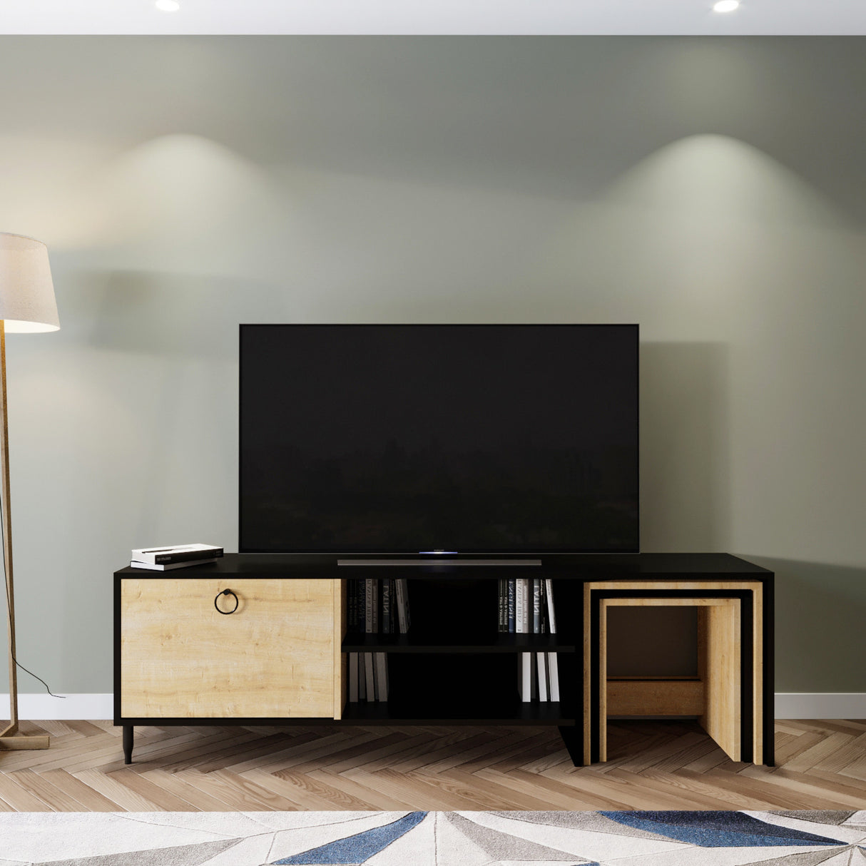 Comodă TV Zigon - L501, Negru - Stejar, 180x40x55 cm